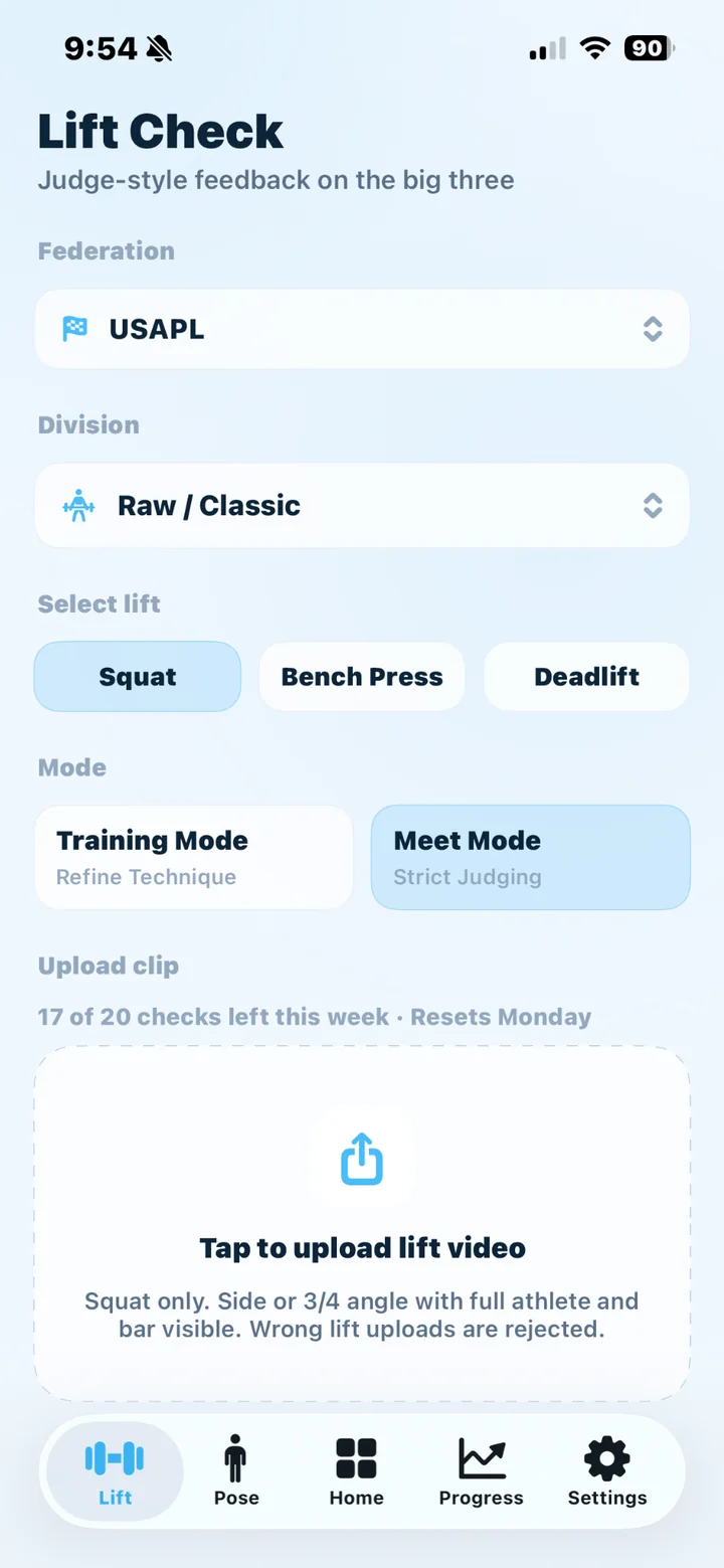 Lift Check setup in KiloVerdict
